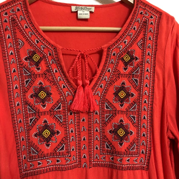 Lucky Brand Embroidered Red Peasant top w tassels - Picture 5 of 7